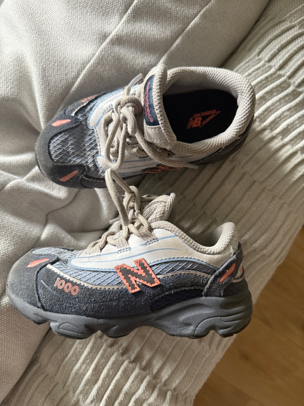 New Balance Toddler Sneakers 10 in Gray with Coral and Blue Accents